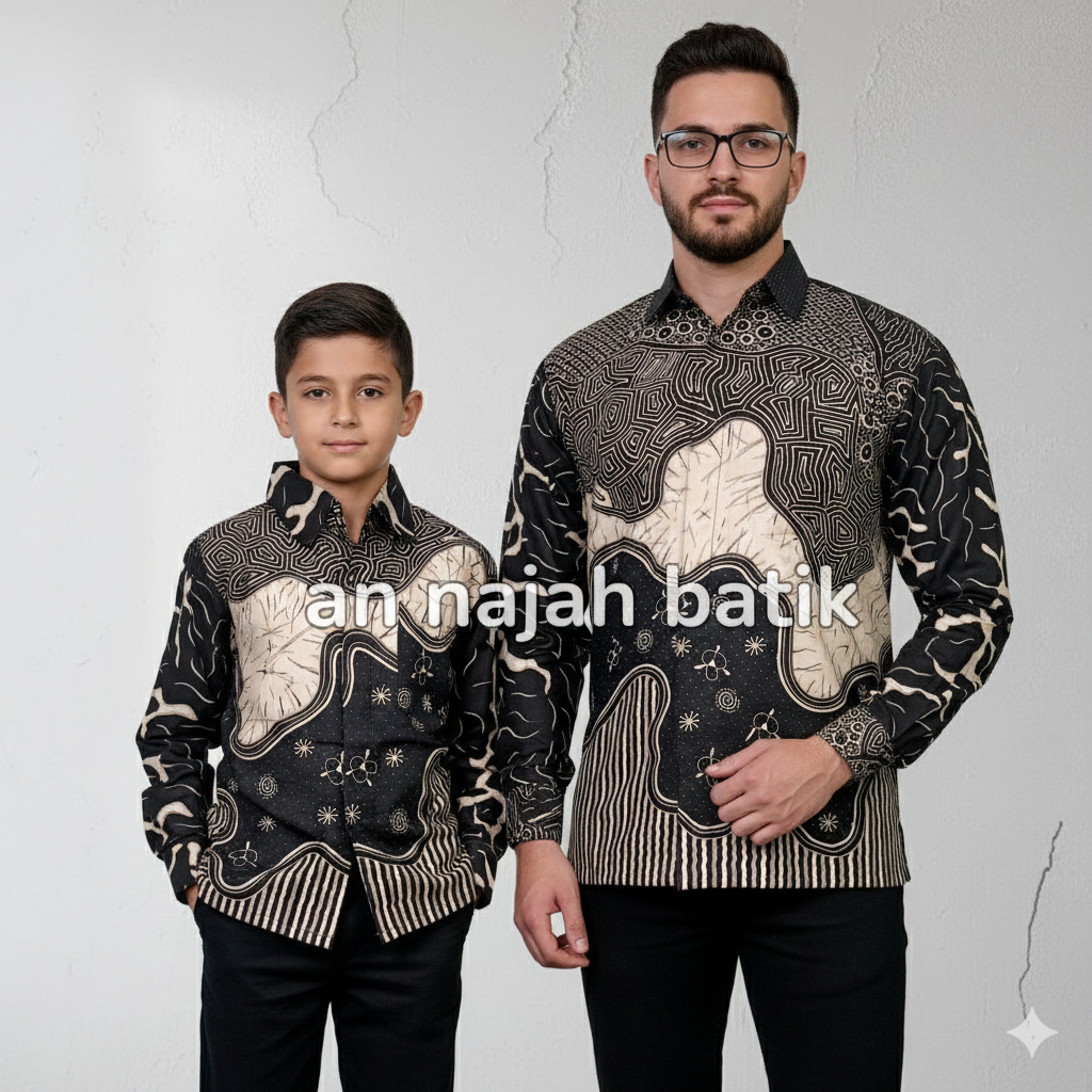 Baju Batik Ayah Anak Modern Hitam Cream | Kemeja Couple Pria Laki Laki Motif Mewah Raja Ampat bahan 