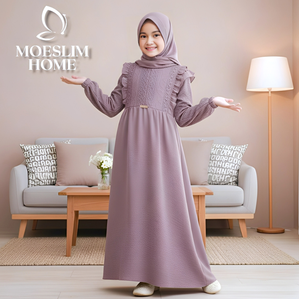 Gamis Anak Set Hijab 5-13 Tahun Bahan Crinkle AIrflow Import Mix Brukat Malika Gamis Lebaran Gamis A