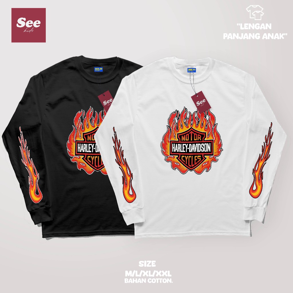Kaos HARLEY DAVIDSON anak Motif Api Lengan Panjang Usia 1-12th | Baju Lengan Panjang Anak motor