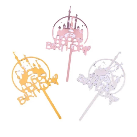 DEKOR51 - Topper Cake Akrilik Castle Disney dengan Tulisan Happy Birthday 2 Lapis