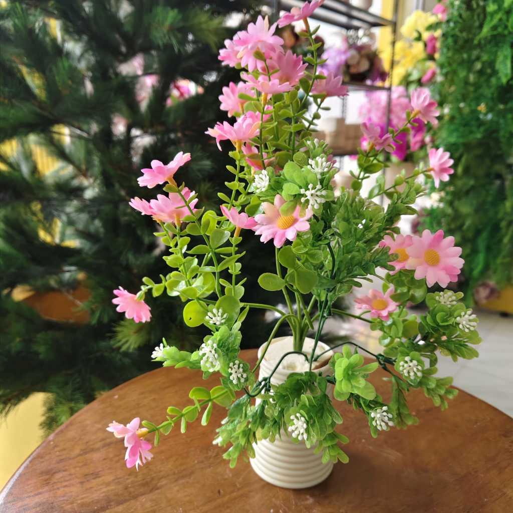 Rangkaian Bunga Daisy  artificial Soft Pink Cantik Tinggi 40cm Lengkap Dengan Pot Plastik Putih Eleg