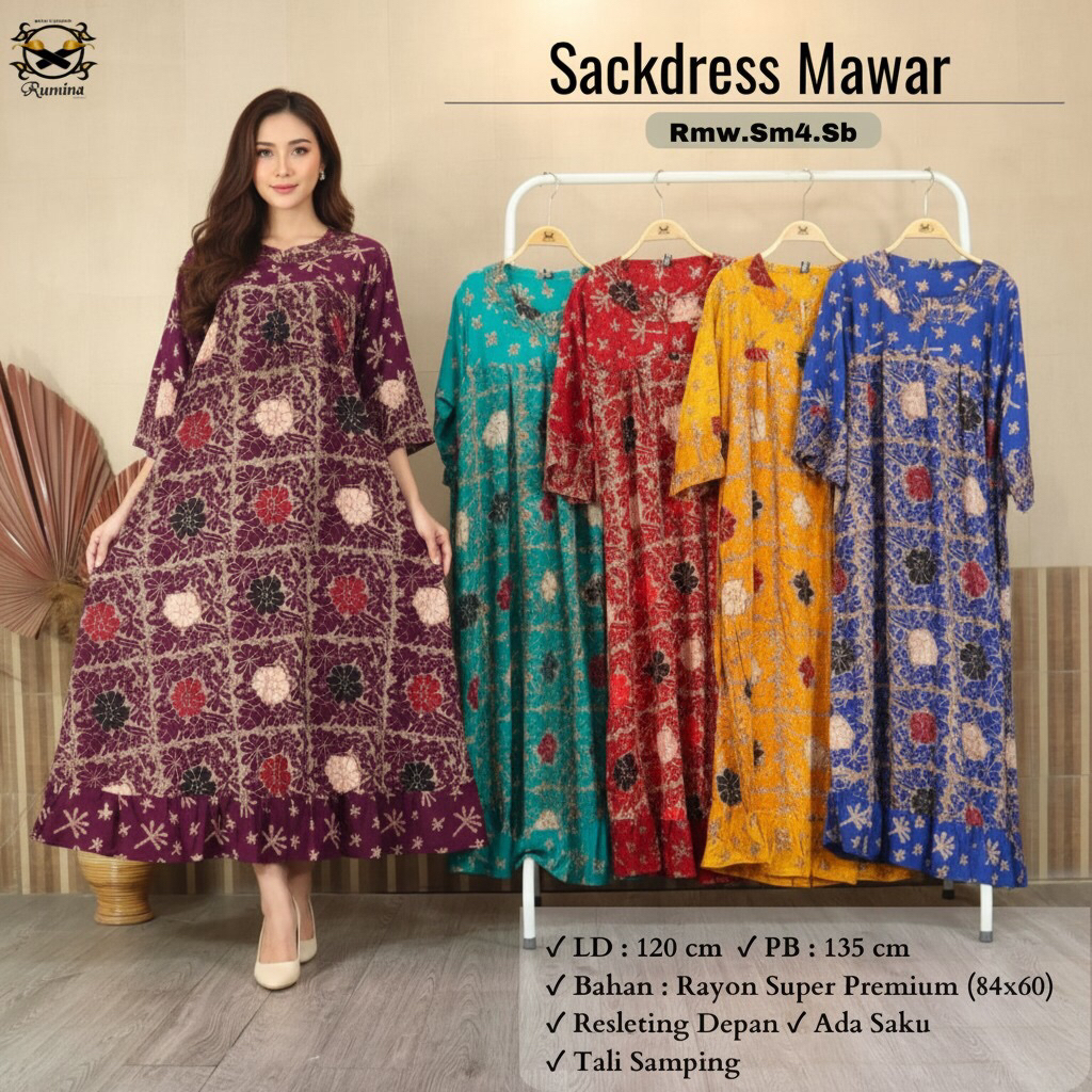 RM TERBARU (LD 120 PB 135) READY STOK Sackdress MAWAR Ori Batik Cap Rumina Batik Model Klok Busui Fr