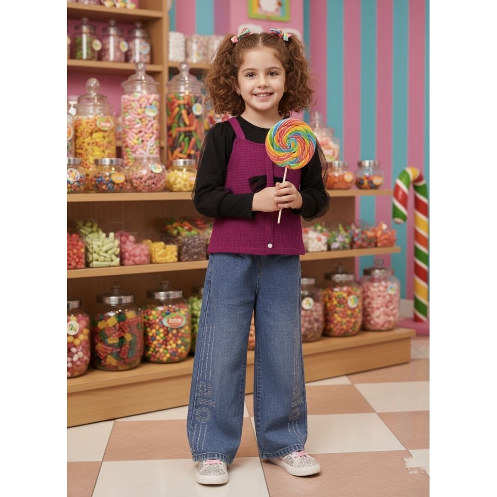 ​Baju Anak Perempuan Setelan Model Korea – Jeans Wide Leg dan Rompi Rajut - ​Setelan 3in1 Anak Perem