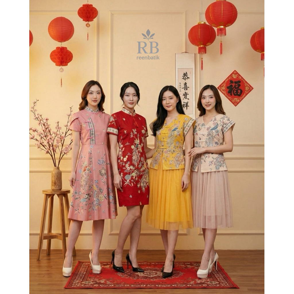 Dress Imlek Cheongsam Merah Kuning Creme Pink / Batik Imlek / Cheongsam batik brokat / dress batik p