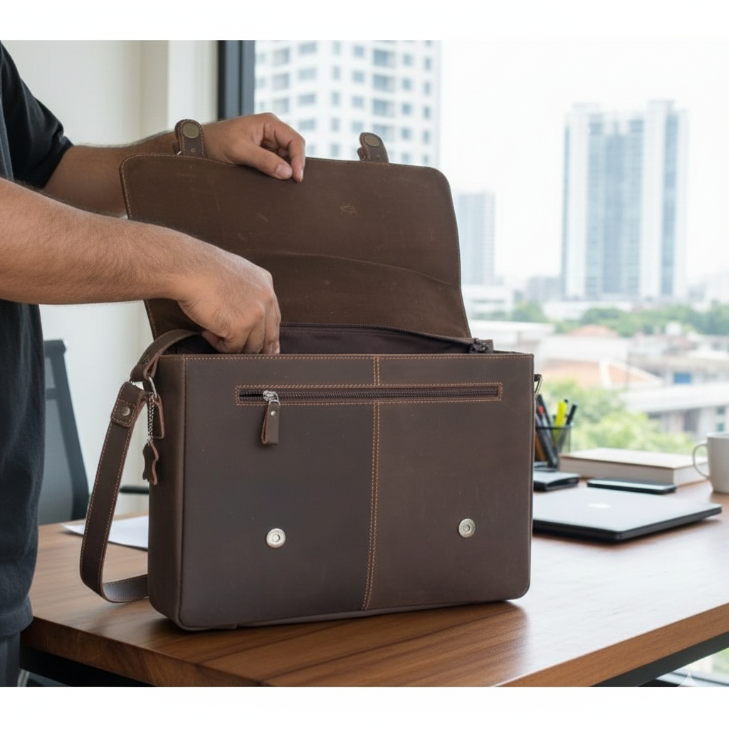 Tas Selempang Kerja Pria Kulit Sapi Asli Dark Brown Muat Laptop 13 Inch - Tas Kantor Vintage Matte