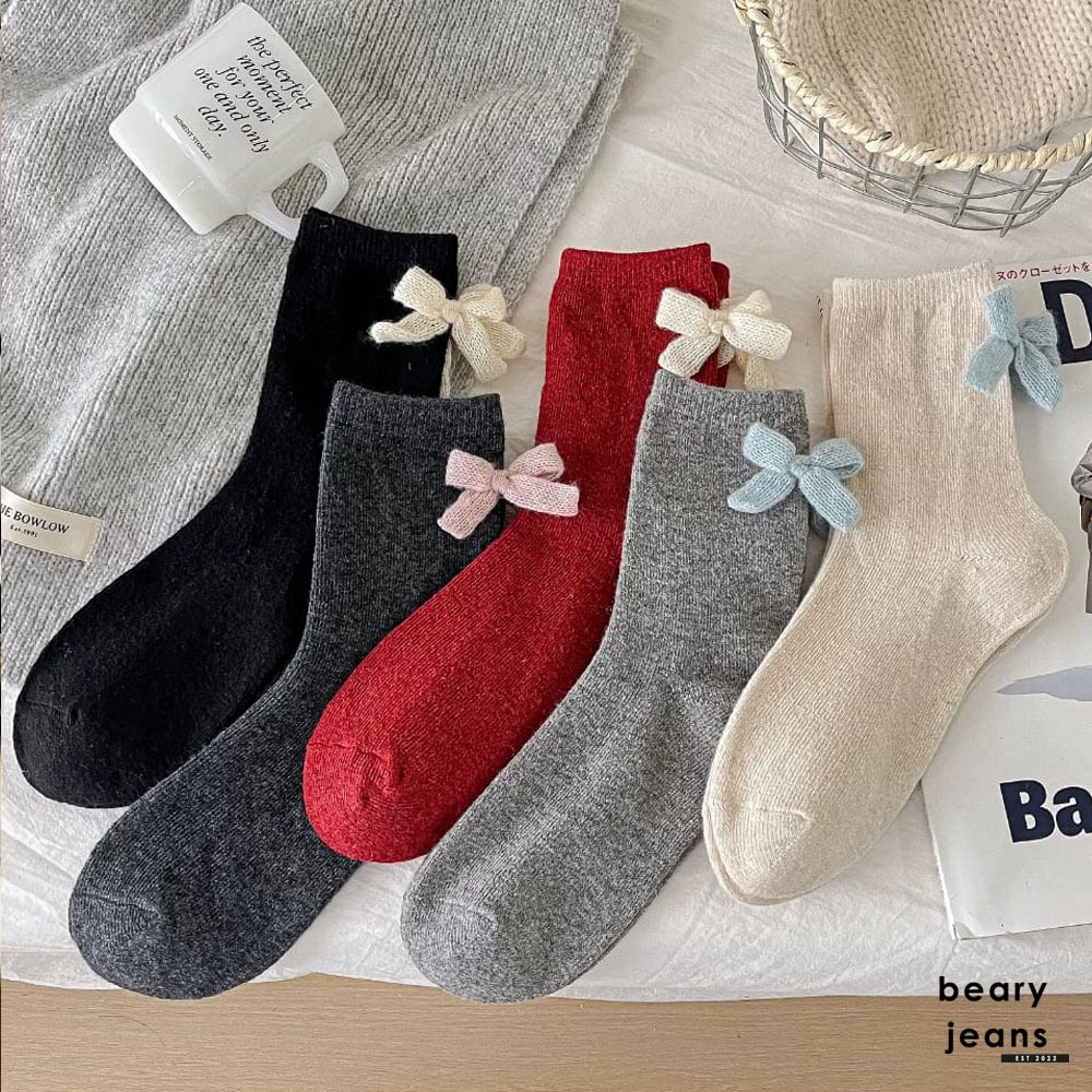 BEARY JEANS BJ361 | Back Ribbon Long Socks Kaos Kaki Panjang Wanita Motif Pita Belakang Lucu Musim D