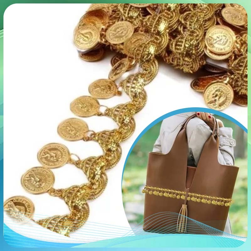 Renda India Emas Lace Ribbon Renda Koin Emas Meteran Per Yard Warna Emas Gold Coin Lace India Dance 