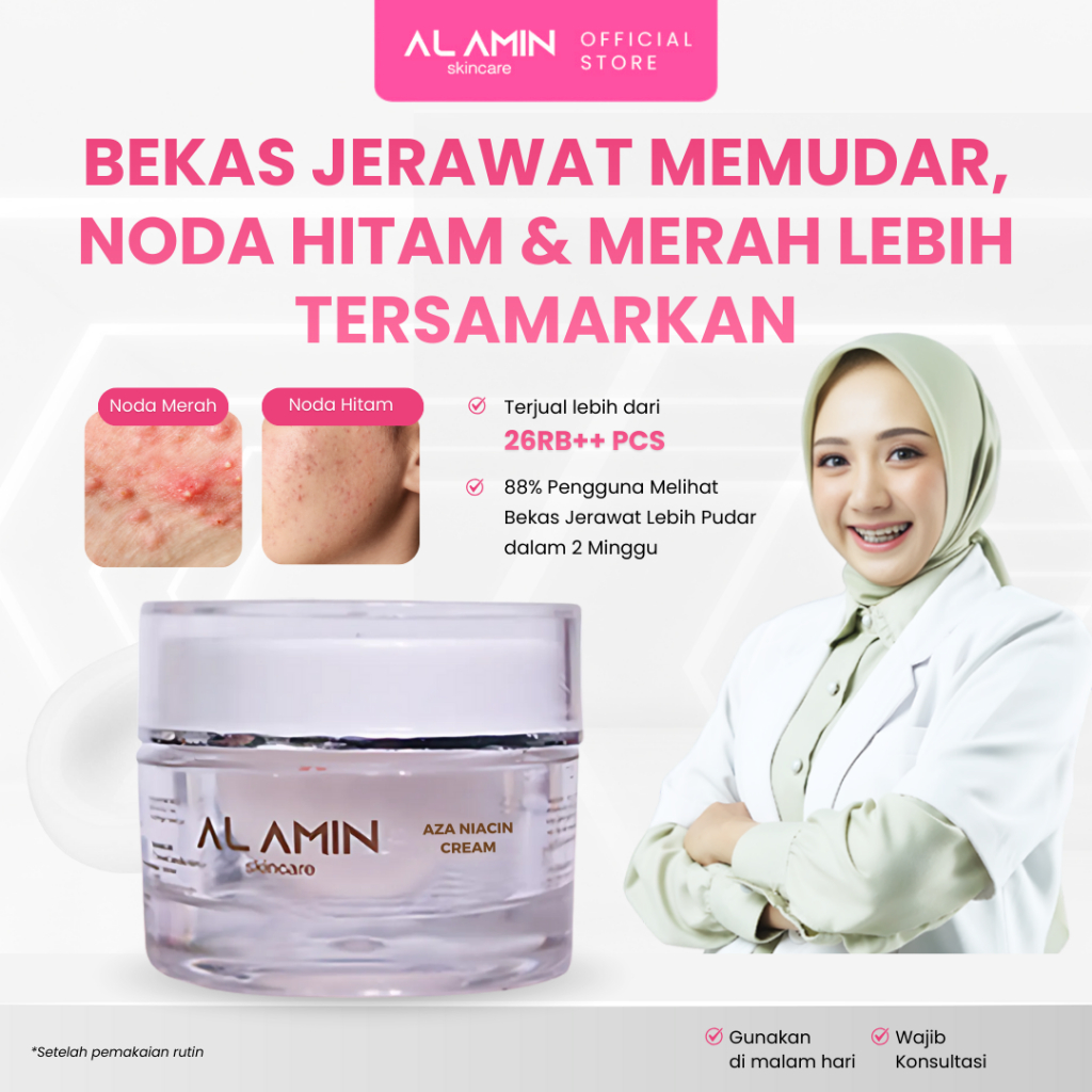 Alamin Post Acne Cream Azza Niacin penghilang Bekas Jerawat Merah Noda Hitam