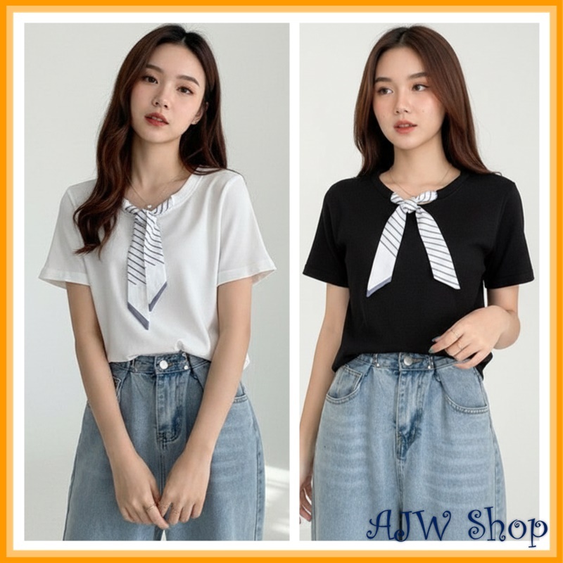 AJW Atasan Wanita Variasi Syal Knit Premium Kekinian HCD | Baju Wanita Syal Leher Rajut Lengan Pende