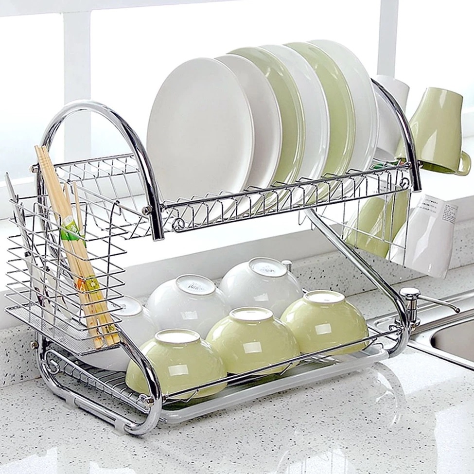Rak Piring Stainless Minimalis Rak 2 Susun Tingkat Rak piring serbaguna Rak piring mini Berkualitas