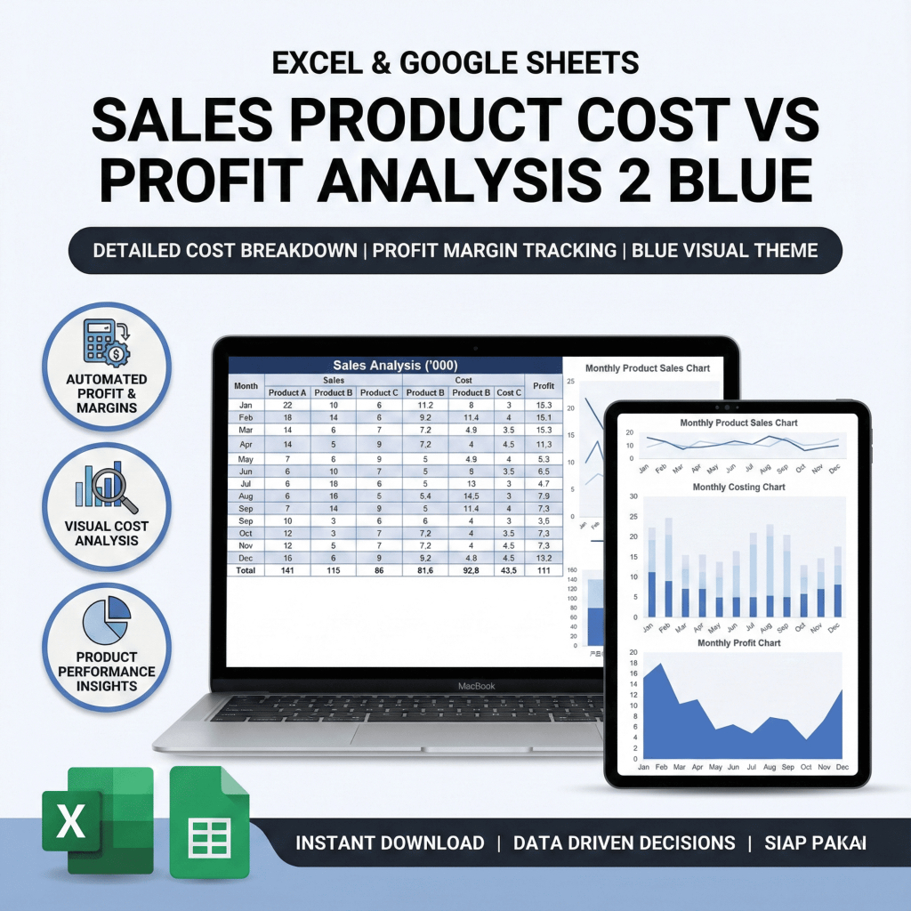 Sales Product Cost Profit Analysis 2 Blue Excel Template Dashboard Laba