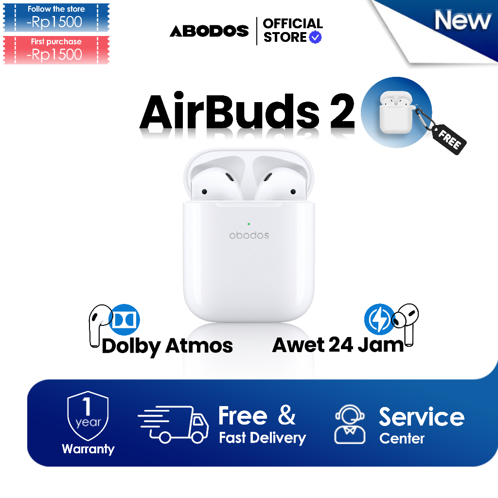[FREE CASE] Abodos AirBuds2 TWS Bluetooth Dolby Atmos Baterai 24H Earphone Headset Android IOS