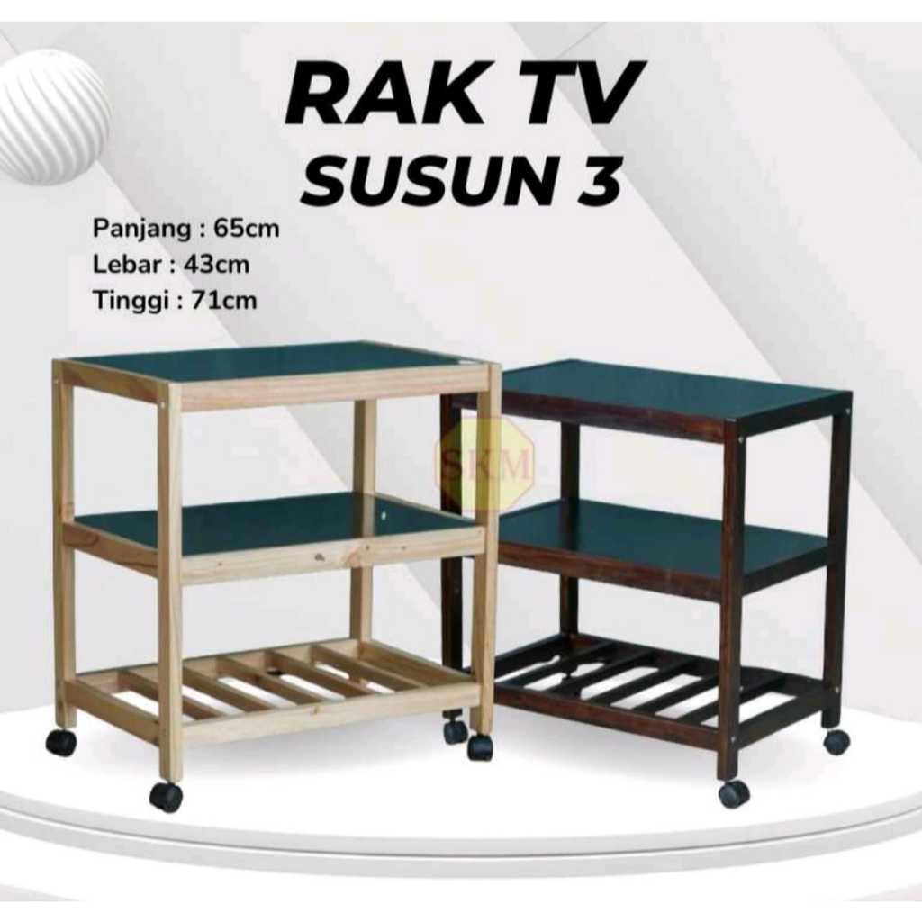 Rak TV Mini / rak Tv 3 Susun / Rak Tv Kayu / Meja serbaguna Kaki Roda