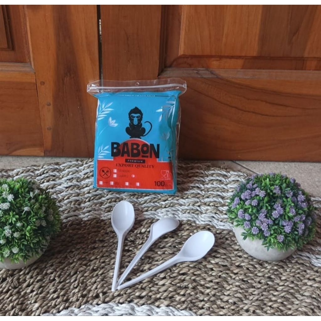 (100pc) Sendok Makan Plastik Putih(BABON)Sendok Plastik