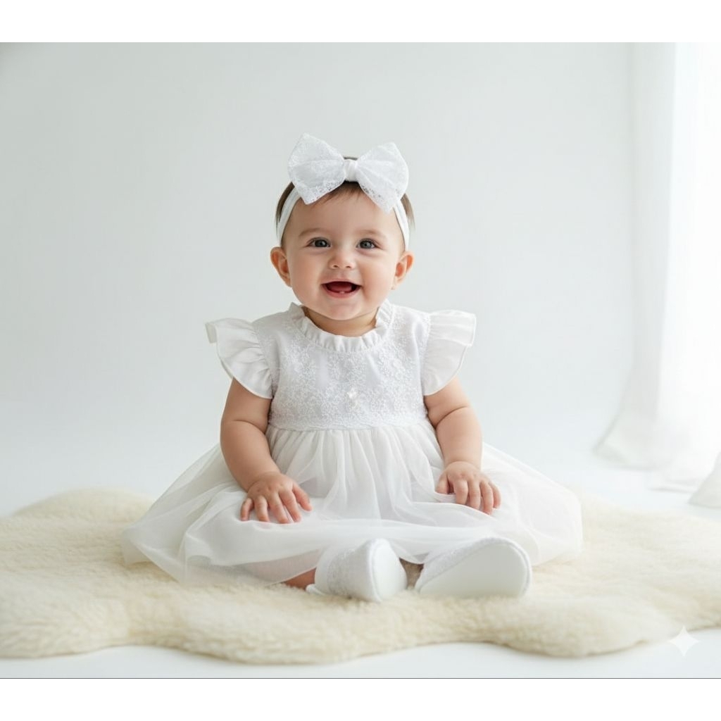 GAUN BAYI PEREMPUAN PUTIH SET,DRESS BAYI PUTIH,GAUN AQIQAH NEWBORN,GAMIS MEWAH AQIQAH/PURE WHITE,BAJ