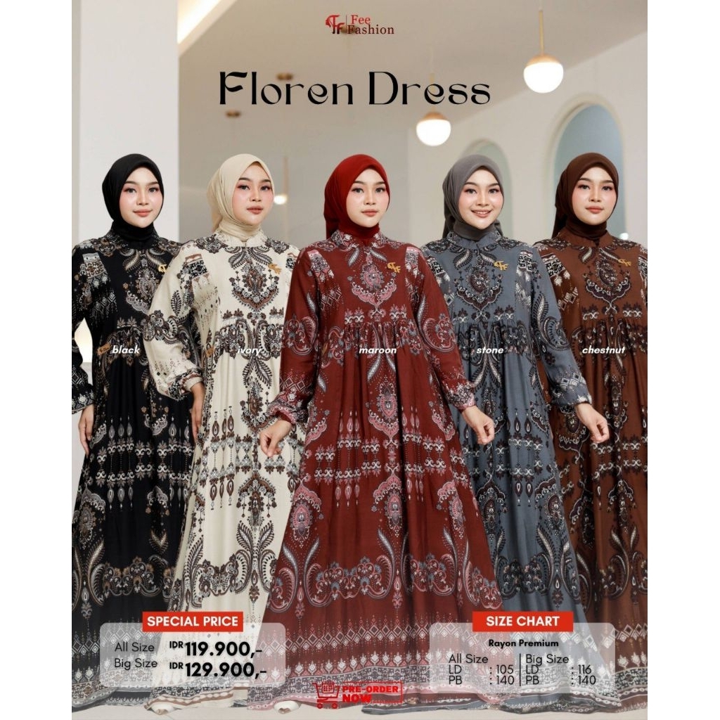 FLOREN DRESS FEE FASHION, FLOREN MIDI DRESS FEE FASHION, JOLIE MIDI DRESS FEE FASHION GAMIS RAYON AD