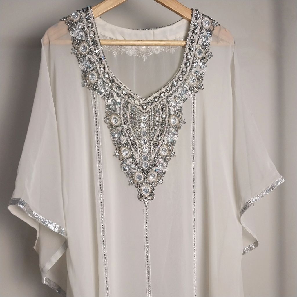Kaftan Putih Long Dress Sheer Payet Silver Abaya Gamis Tunik Baju Muslim Abaya