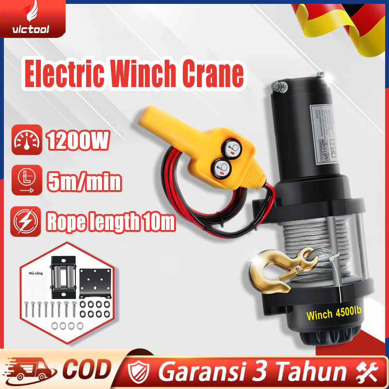 VICTOOL winch mobil offroad 12volt 4500lbs katrol listrik 10M Electric Hoist Crane