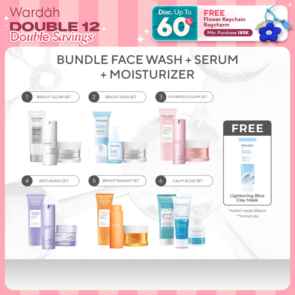 WARDAH Paket 3 pcs Gel Moisturizer, Facial Wash, dan Serum - Bright Radiant, Bright Glowing, Calm Ac