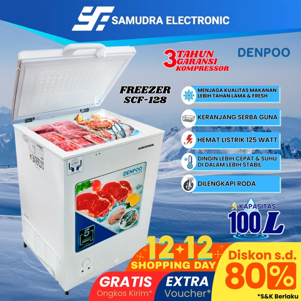 Chest Freezer Box 100 Liter Denpoo SCF 128 CG Food Frozen