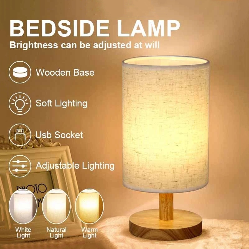 Lampu Meja Kain Lampu Meja Kayu Lampu Malam LED Lampu Meja Samping Tempat Tidur Kamar Tidur Lampu Me