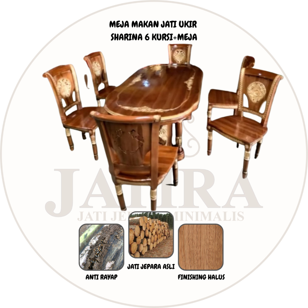 Meja Makan Jati Minimalis Ukir Sharina 6 Kursi | Meja Makan 6 Kursi Jati Jepara Asli Murah Palembang