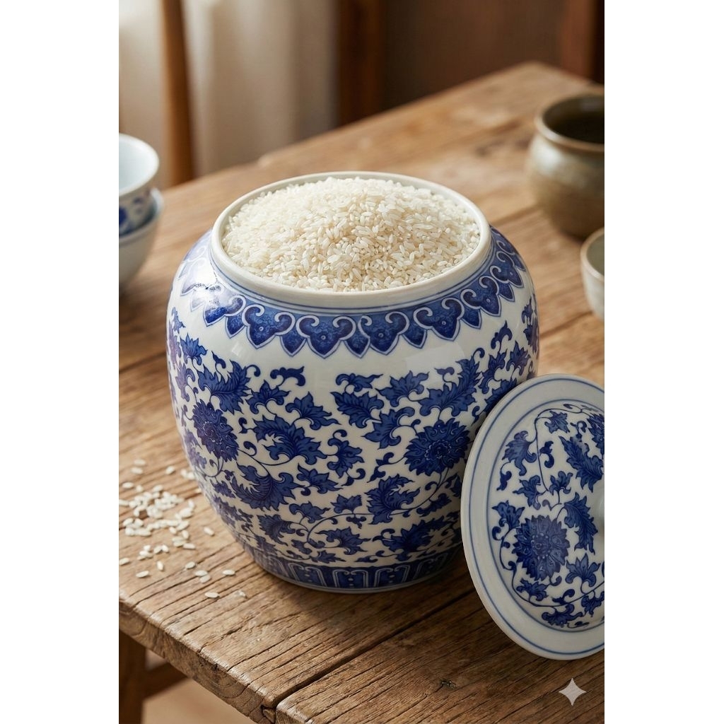 Guci keramik tempat beras klasik tutup (5 - 10)Kg)