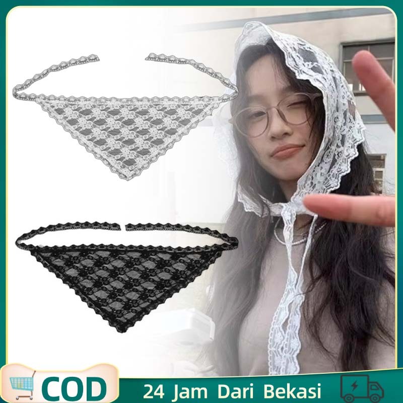 Syal Kepala Wanita Syal Segitiga Aesthetic Headband Renda Bando Renda Pinggang Renda
