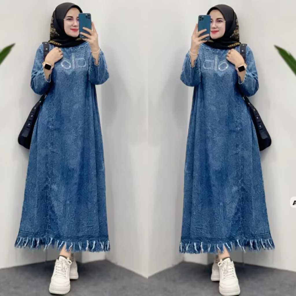 Paula midi dress jeans wanita dewasa / dress jeans wash / Malika jeans