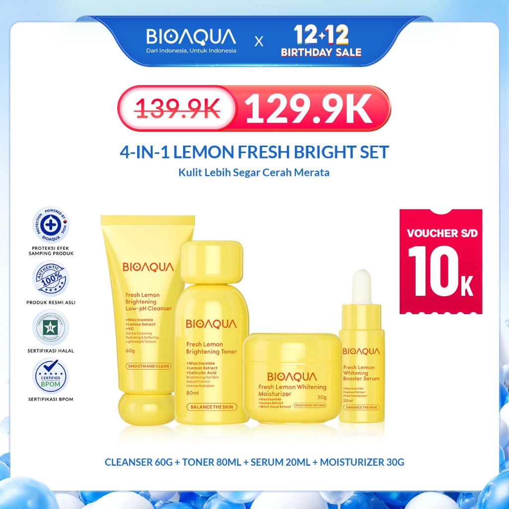 [NEW LAUNCH]-BIOAQUA Skincare Paket Fresh Lemon Bright Set Skincare Paket With Facial Wash Cleanser 