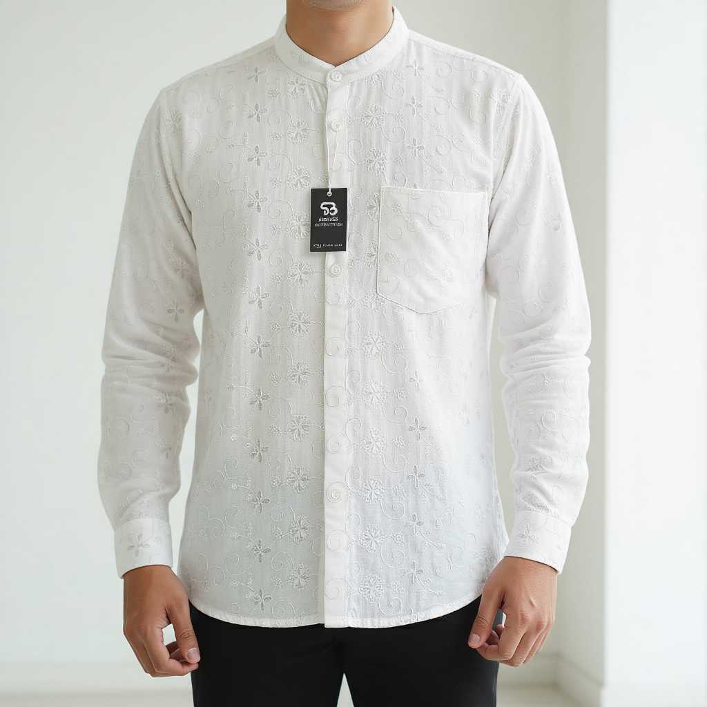 Asb Kemeja Bordir Koko Kerah Sanghai Baju Pria Motif Bunga​ Lengan Panjang​ Kemko Shoba Muslim Putih