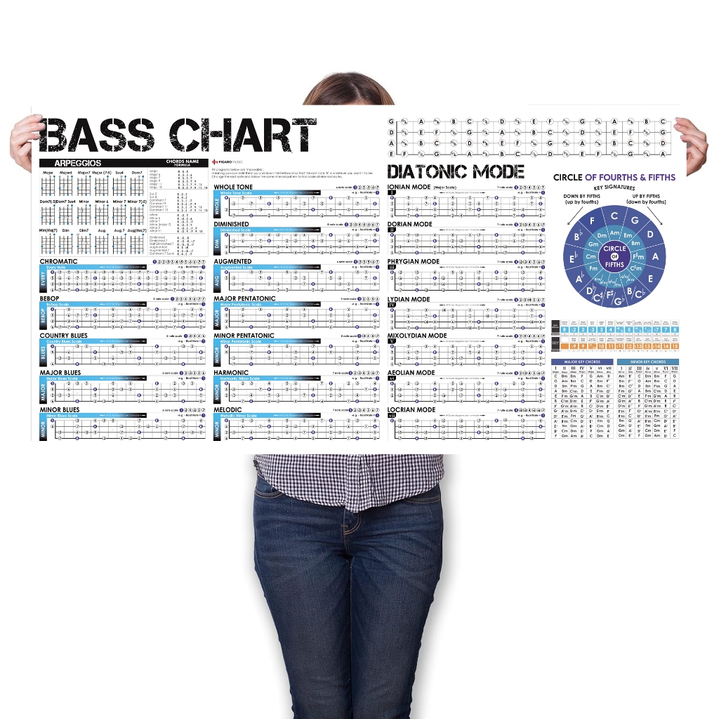Bass Guitar Scales Poster, E-Bass Scales | Bass Guitar Arpeggios | Fifth Circle | Bass Guitar Practi