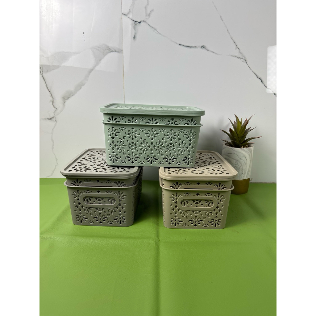 Set 6 Keranjang Plastik Motif Bunga Warna Mono untuk Penyimpanan Estetik Perlengkapan Dapur dan Kosm