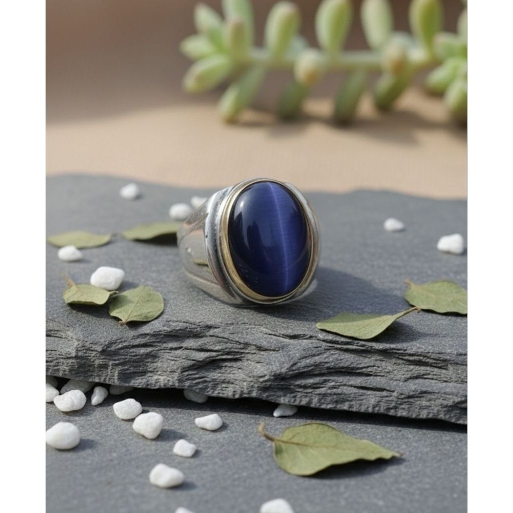 cincin batu akik dark blue cat's eye 18 mm ring monel tanam terbaik
