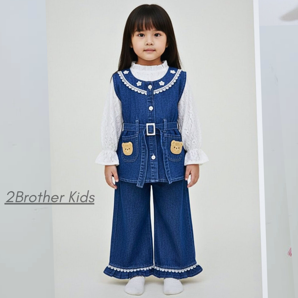 Setelan jeans lengan pendek anak perempuan terbaru 2025 usia 3 - 11 tahun celana kulot skena jeans a