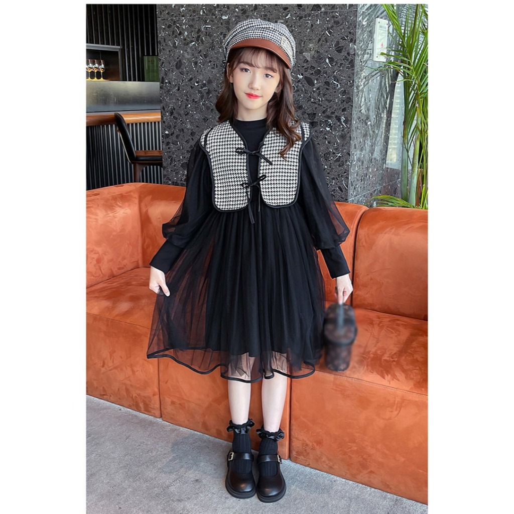 Dress Model 2in1 Anak Perempuan Usia 4-7 Tahun | Baju Lengan Panjang Balon Kombinasi Outer Rompi Raj