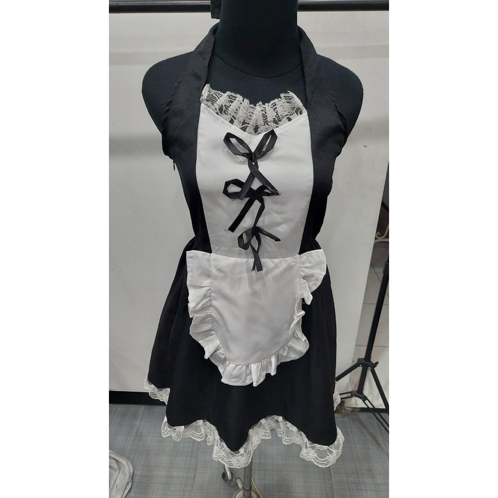 Kostum maid sexy warna hitam leher tali