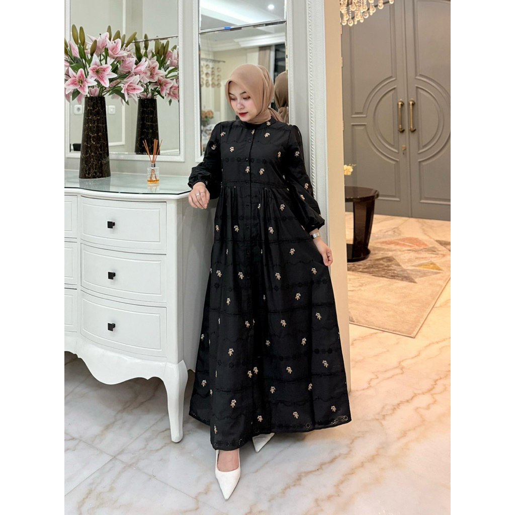 Midi dress katun bordir mix furing katun ero ori By Edness Kayla