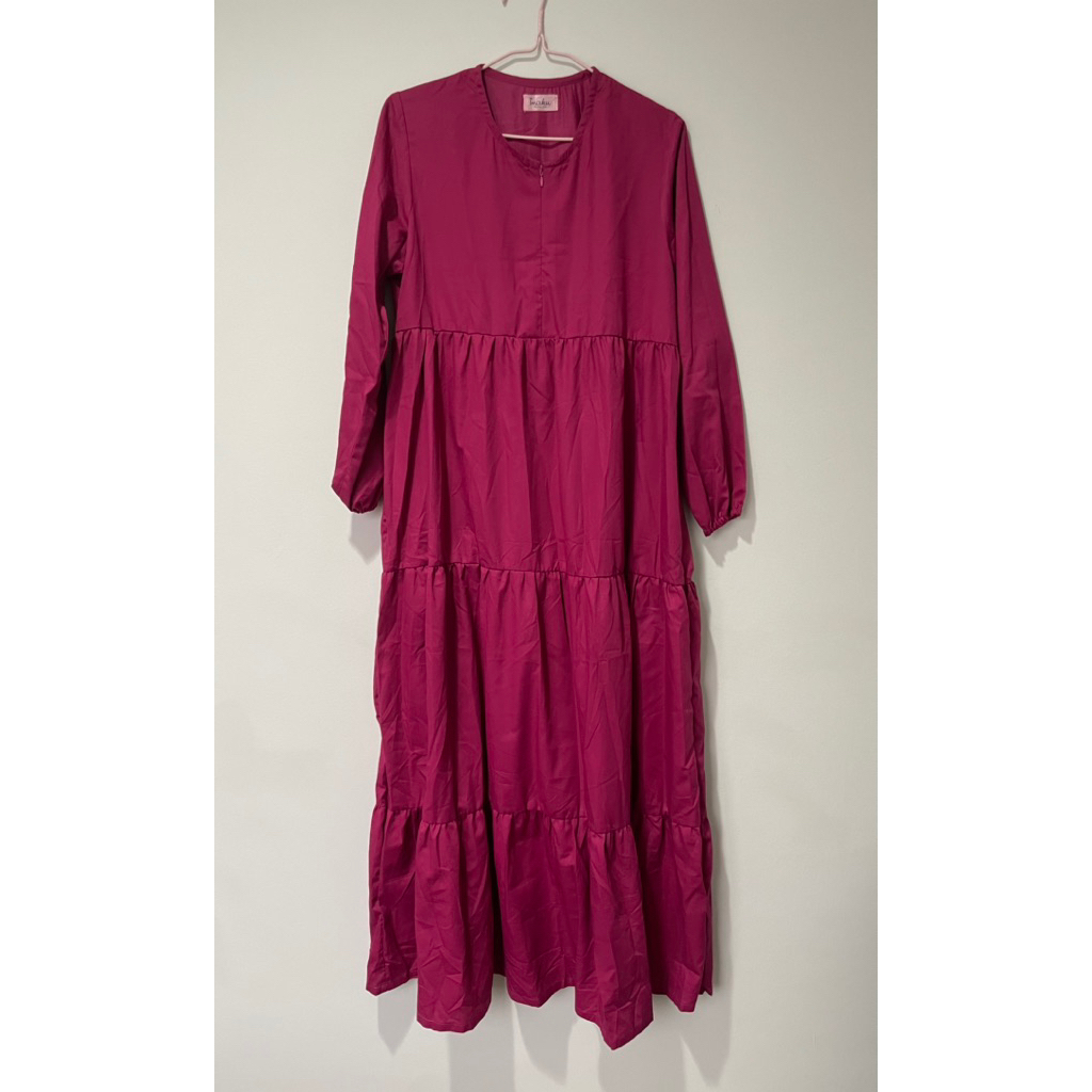 Dress Gamis Longdress Susun Midi Maxi Lengan Panjang Muslim Hijab Merah Polos Wanita Premium Mewah J