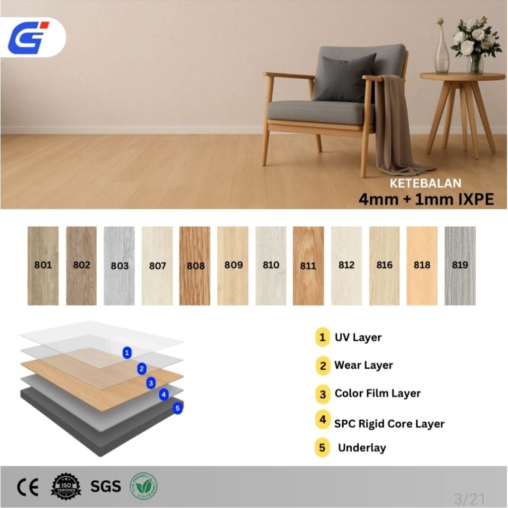 Lantai Vinyl SPC Flooring 4mm+IXPE Lantai SPC Clik 2.196M2