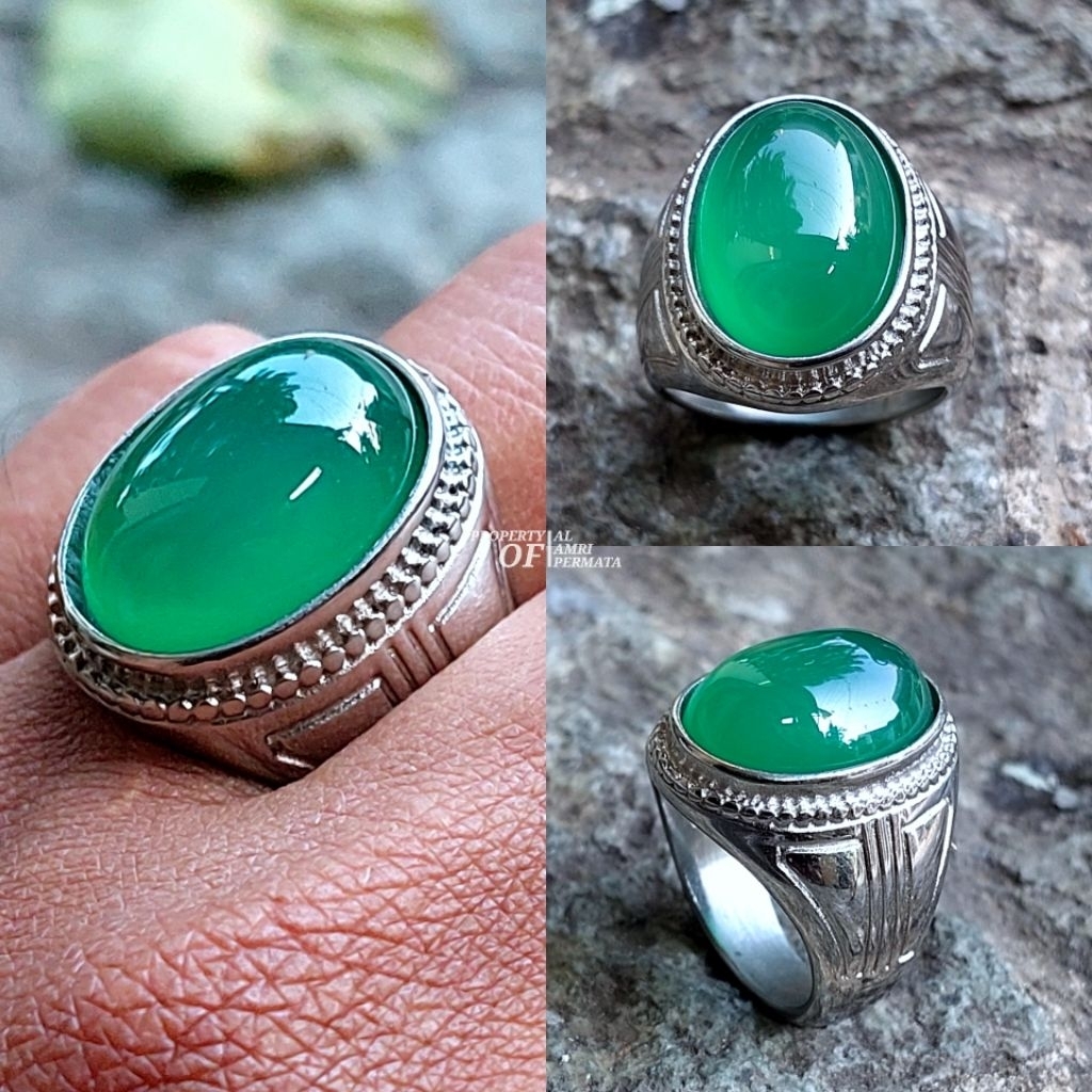 Cincin Batu Akik Green Chalcedony / Cincin Green Chalsedony Hijau Garut / Cincin Pria / Batu Hijau G