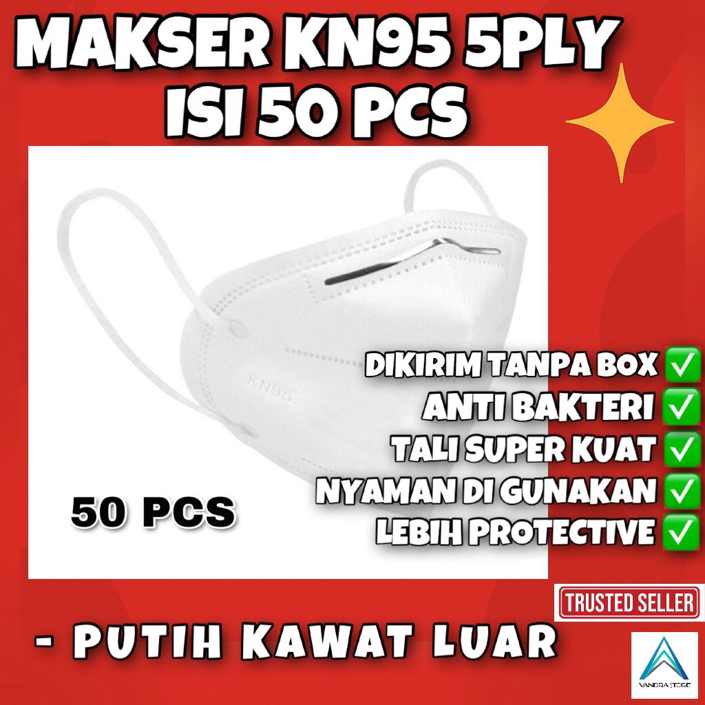 Masker KN95 Premium Putih Isi 50 PCS Tanpa Dus Kawat Luar Lentur, Bahan Halus Nyaman, Tali Kuat & Ti