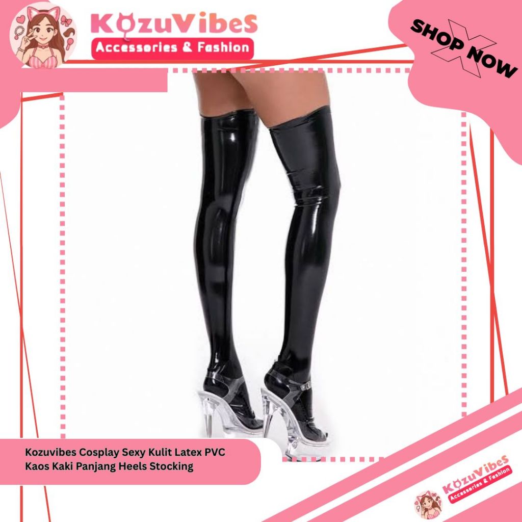 KozuVibes Cosplay Sexy Kulit Latex PVC Kaos Kaki Panjang Heels Stoking