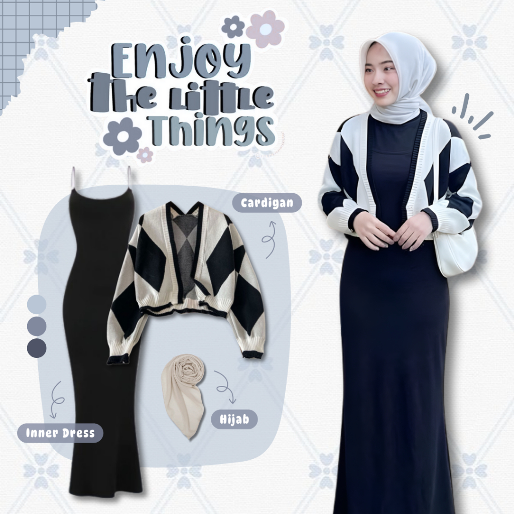 One Set Kekinian Korean Style | Cardigan Rajut Premium + Inner Dress Fit + Bella Square | Setelan 3i