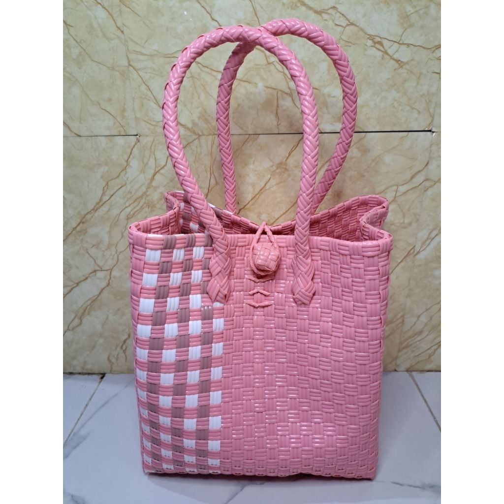 Tas Wanita Tote Bag Jali Pink Anyaman Rajut Plastik