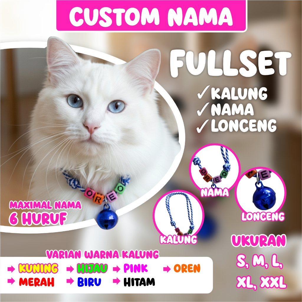 Kalung Kucing Custom Nama - Identitas Anabul Lucu & Aman (Ready Stock)