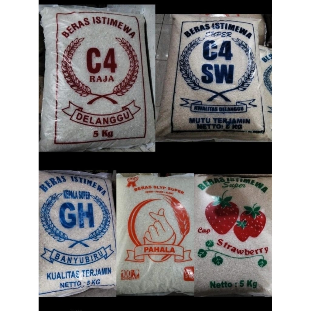 beras 5kilo merk C4 raja Delanggu, C4SW, cap strawberry, pahala, kepala super GH banyubiru