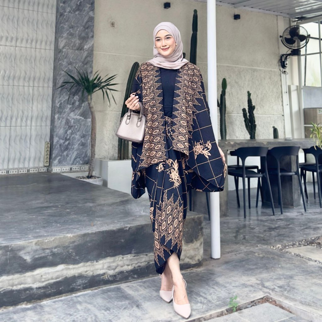 Outfit Kondangan Simpel, One Set Batik Outer Rok Lilit Kimono Wanita Rayon Motif
