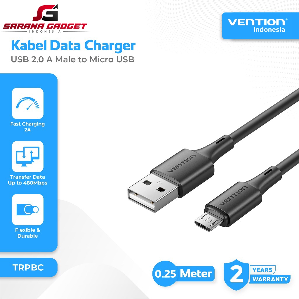 VENTION TRPBC Kabel Data Powerbank USB 2.0 A Male to Micro USB 25CM Fast Charging 10 Watt 2A Nickle 