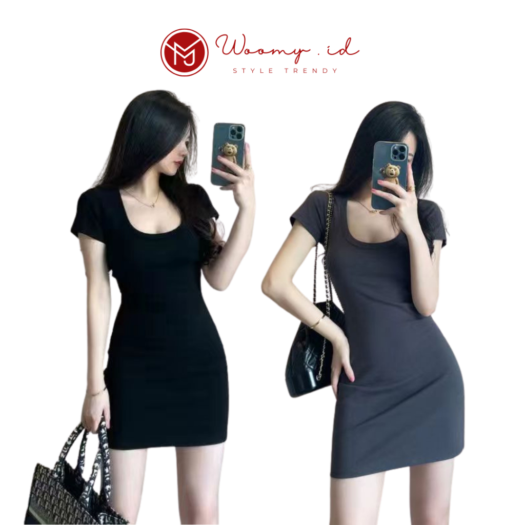 Woomy - DR432 Basic Mini Dress Polos Sexy Gaun Korea Style Fashion Baju Ketat